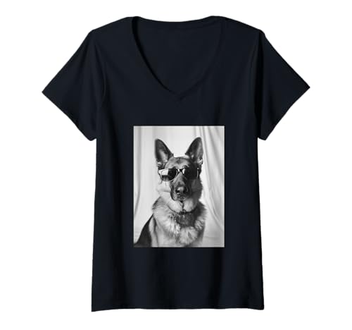 Damen Deutscher Schäferhund mit Sonnenbrille Cool Dog Lover Photo Booth T-Shirt mit V-Ausschnitt Damen Deutscher Schäferhund mit Sonnenbrille Cool Dog Lover Photo Booth T-Shirt mit V-Ausschnitt von Funny Animal Photography Clothing Co.