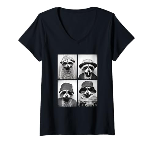 Damen Funny Gangster Waschbären Hip Hop Rap Street Urban Animal Meme T-Shirt mit V-Ausschnitt von Funny Animal Photography Clothing Co.