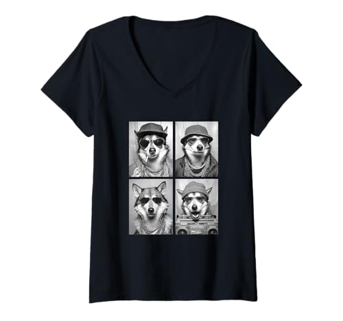Damen Funny Gangster Wölfe Hip Hop Street Urban Animals Wolf Meme T-Shirt mit V-Ausschnitt von Funny Animal Photography Clothing Co.