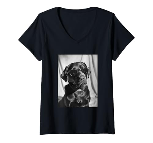 Damen Labrador Retriever mit Sonnenbrille Cool Dog Photo Booth T-Shirt mit V-Ausschnitt von Funny Animal Photography Clothing Co.