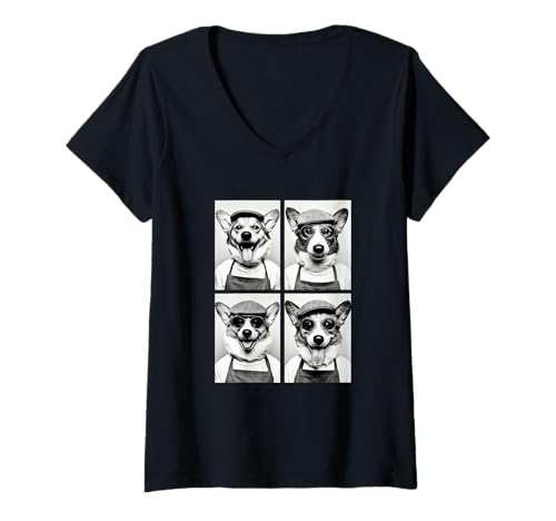Damen Lustige Corgis mit Sonnenbrille Kaffeeliebhaber Barista Hunde T-Shirt mit V-Ausschnitt Damen Lustige Corgis mit Sonnenbrille Kaffeeliebhaber Barista Hunde T-Shirt mit V-Ausschnitt von Funny Animal Photography Clothing Co.
