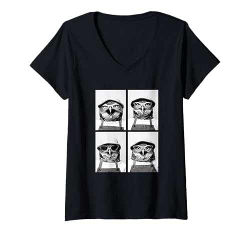 Damen Lustige Eulen mit Sonnenbrille Kaffeeliebhaber Barista Tiere T-Shirt mit V-Ausschnitt von Funny Animal Photography Clothing Co.