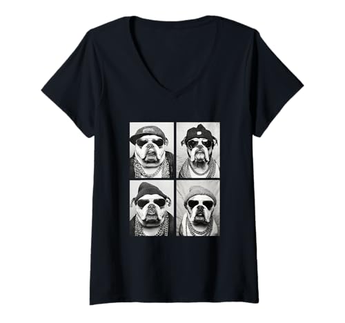 Damen Lustige Gangster-Bulldoggen Hip Hop Rap Street Urban Animal Meme T-Shirt mit V-Ausschnitt von Funny Animal Photography Clothing Co.