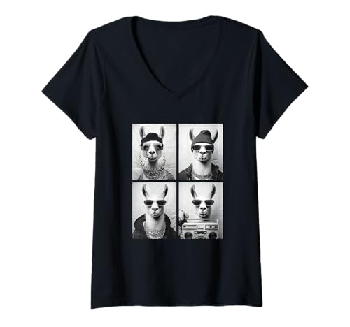 Damen Lustige Gangster-Llamas Hip Hop Rap Street Urban Animals Meme T-Shirt mit V-Ausschnitt von Funny Animal Photography Clothing Co.