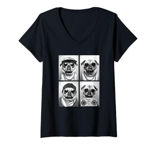 Damen Lustige Gangster Mops Hip Hop Rap Street Dogs Urban Animals T-Shirt mit V-Ausschnitt von Funny Animal Photography Clothing Co.