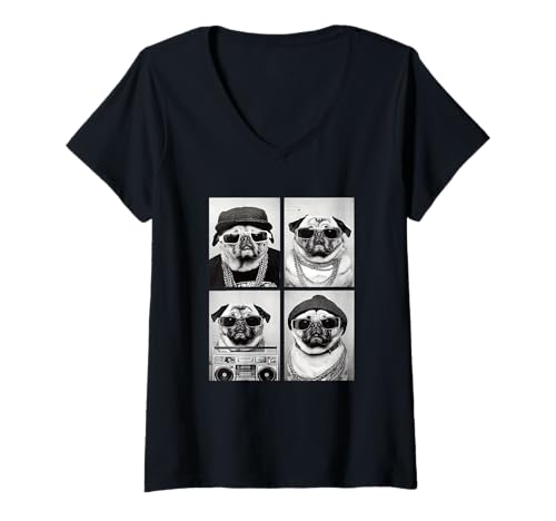 Damen Lustige Gangster Mops Hip Hop Rap Street Dogs Urban Animals T-Shirt mit V-Ausschnitt von Funny Animal Photography Clothing Co.
