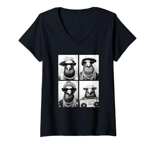 Damen Lustige Gangstertauben Hip Hop Rap Street Urban Animals Meme T-Shirt mit V-Ausschnitt von Funny Animal Photography Clothing Co.