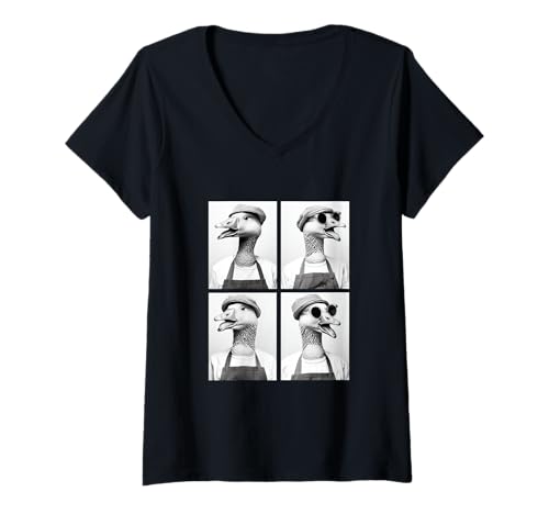 Damen Lustige Gans mit Sonnenbrille Kaffeeliebhaber Barista Tiere T-Shirt mit V-Ausschnitt Damen Lustige Gans mit Sonnenbrille Kaffeeliebhaber Barista Tiere T-Shirt mit V-Ausschnitt von Funny Animal Photography Clothing Co.