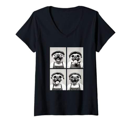 Damen Lustige Mops mit Sonnenbrille Kaffeeliebhaber Cafe Barista Hunde T-Shirt mit V-Ausschnitt von Funny Animal Photography Clothing Co.
