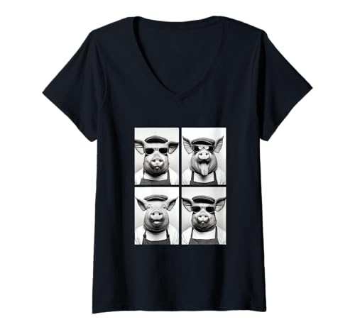 Damen Lustige Schweine mit Sonnenbrille Kaffeeliebhaber Barista Bauernhof Tier T-Shirt mit V-Ausschnitt von Funny Animal Photography Clothing Co.