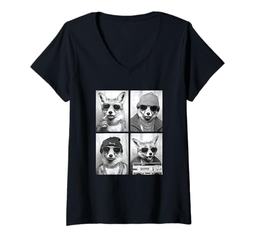 Damen Lustiges Gangster Foxes Hip Hop Street Urban Animals Fox Meme T-Shirt mit V-Ausschnitt von Funny Animal Photography Clothing Co.
