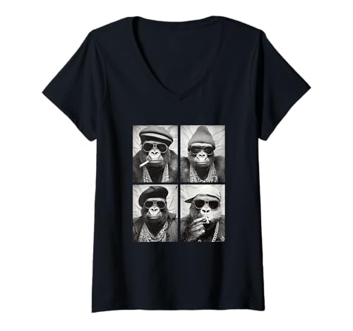 Damen Lustiges Gangster Gorillas Hip Hop Rap Street Urban Animal Meme T-Shirt mit V-Ausschnitt von Funny Animal Photography Clothing Co.