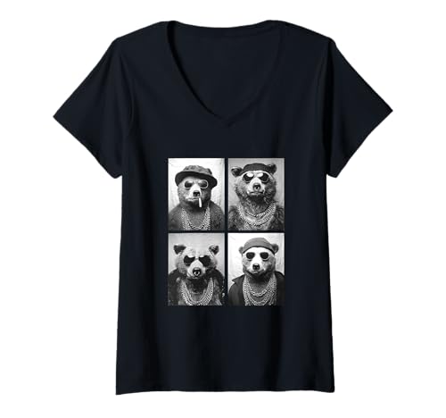 Damen Lustiges Gangster-Grizzlybären Hip Hop Rap Street Urban Animal T-Shirt mit V-Ausschnitt von Funny Animal Photography Clothing Co.