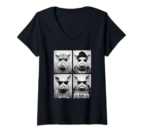 Damen Lustiges Gangsterschweinchen Hip Hop Rap Urban Tiere 90er T-Shirt mit V-Ausschnitt von Funny Animal Photography Clothing Co.
