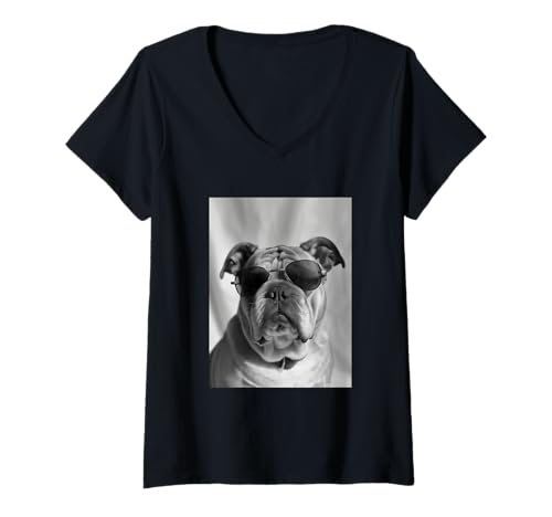 Damen Niedliche Bulldogge mit Sonnenbrille, Coole Hunde-Liebhaber-Fotokabine T-Shirt mit V-Ausschnitt von Funny Animal Photography Clothing Co.