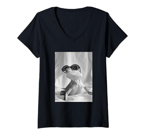 Damen Niedliche Eidechse mit Sonnenbrille Reptilien Tier Foto T-Shirt mit V-Ausschnitt von Funny Animal Photography Clothing Co.