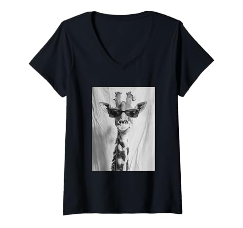 Damen Niedliche Giraffe mit Sonnenbrille, Coole afrikanische Tier-Fotokabine T-Shirt mit V-Ausschnitt von Funny Animal Photography Clothing Co.