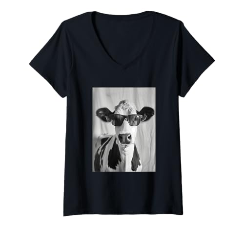 Damen Niedliche Kuh mit Sonnenbrille, Coole Bauernhoftier-Fotokabine T-Shirt mit V-Ausschnitt von Funny Animal Photography Clothing Co.