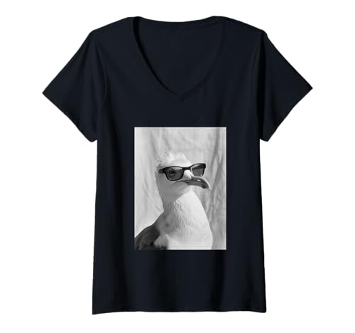 Damen Niedliche Möwe mit Sonnenbrille Küstentier-Fotokabine T-Shirt mit V-Ausschnitt von Funny Animal Photography Clothing Co.