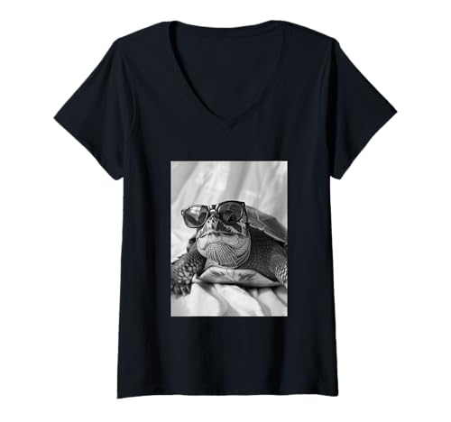 Damen Niedliche Schildkröte mit Sonnenbrille, Coole Reptilien-Tier-Fotokabine T-Shirt mit V-Ausschnitt von Funny Animal Photography Clothing Co.