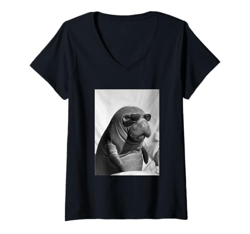 Damen Niedliche Seekuh mit Sonnenbrille Cool Marine Animal Photo Booth T-Shirt mit V-Ausschnitt von Funny Animal Photography Clothing Co.