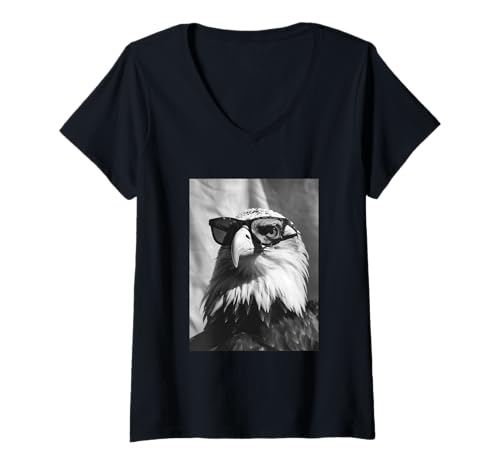 Damen Niedlicher Adler mit Sonnenbrille Cool Forest Animal Photo Booth T-Shirt mit V-Ausschnitt von Funny Animal Photography Clothing Co.