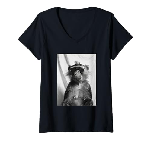 Damen Niedlicher Baboon mit Sonnenbrille, Cooler Dschungeltier-Fotokabine T-Shirt mit V-Ausschnitt von Funny Animal Photography Clothing Co.
