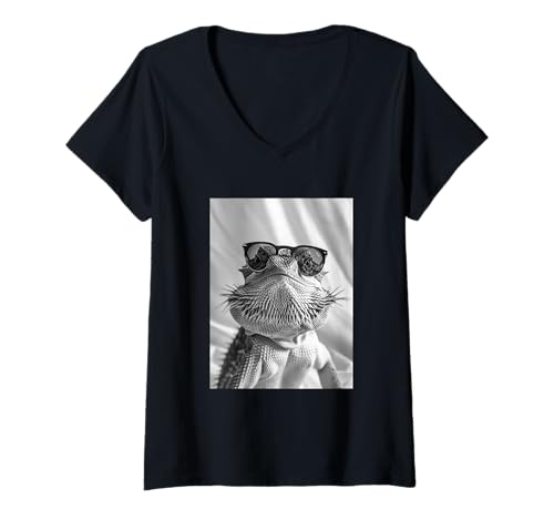 Damen Niedlicher Bartagame mit Sonnenbrille Tier-Fotokabine T-Shirt mit V-Ausschnitt von Funny Animal Photography Clothing Co.