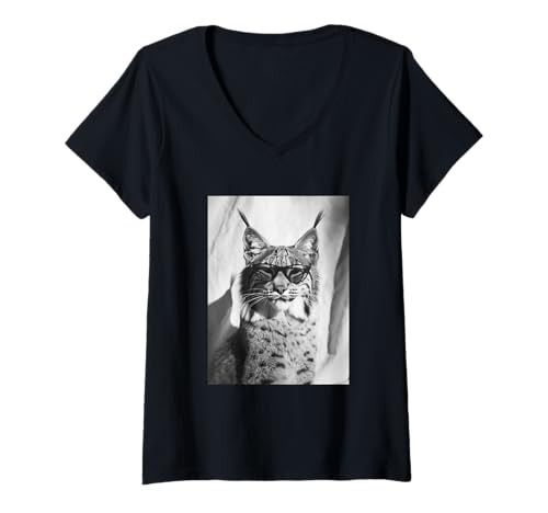 Damen Niedlicher Bobcat mit Sonnenbrille, Coole Katze, Tier-Fotokabine T-Shirt mit V-Ausschnitt Damen Niedlicher Bobcat mit Sonnenbrille, Coole Katze, Tier-Fotokabine T-Shirt mit V-Ausschnitt von Funny Animal Photography Clothing Co.
