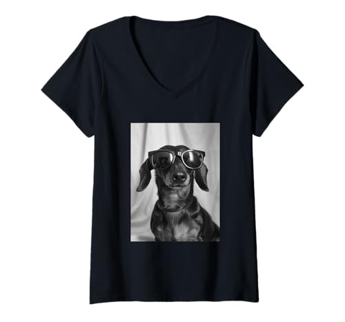 Damen Niedlicher Dackel mit Sonnenbrille, Cooler Fotokabine, für Hundeliebhaber T-Shirt mit V-Ausschnitt von Funny Animal Photography Clothing Co.