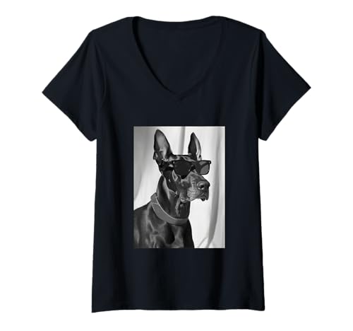 Damen Niedlicher Dobermann mit Sonnenbrille, Cooler Hundeliebhaber Fotokabine T-Shirt mit V-Ausschnitt von Funny Animal Photography Clothing Co.