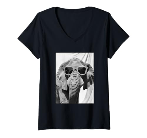 Damen Niedlicher Elefant mit Sonnenbrille, afrikanisches Tier-Fotokabine T-Shirt mit V-Ausschnitt von Funny Animal Photography Clothing Co.