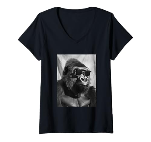 Damen Niedlicher Gorilla mit Sonnenbrille Dschungel Tier Photo Booth T-Shirt mit V-Ausschnitt von Funny Animal Photography Clothing Co.