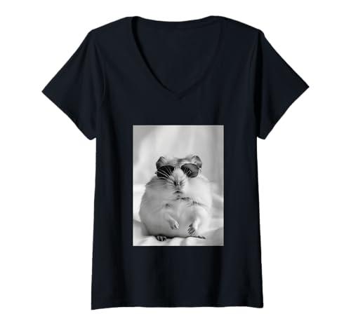 Damen Niedlicher Hamster mit Sonnenbrille Cool Nager Tier Photo Booth T-Shirt mit V-Ausschnitt von Funny Animal Photography Clothing Co.