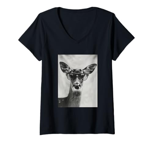 Damen Niedlicher Hirsch mit Sonnenbrille Cool Forest Animal Photo Booth T-Shirt mit V-Ausschnitt von Funny Animal Photography Clothing Co.