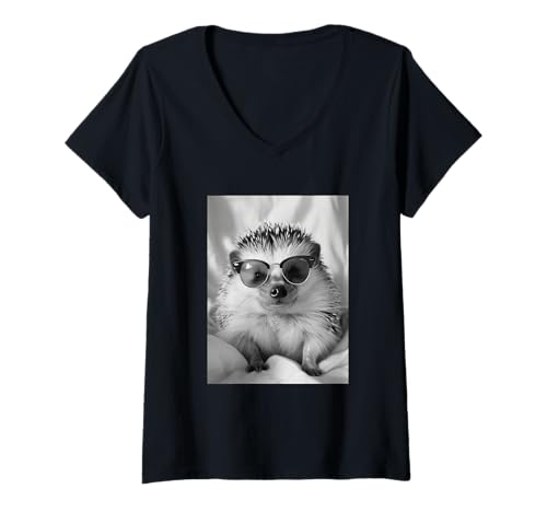 Damen Niedlicher Igel mit Sonnenbrille Cool Forest Animal Photo Booth T-Shirt mit V-Ausschnitt von Funny Animal Photography Clothing Co.