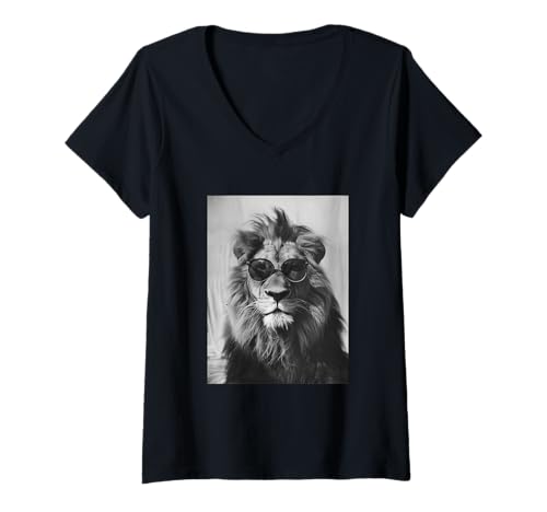Damen Niedlicher Löwe mit Sonnenbrille, Coole Katze, Tier-Fotokabine T-Shirt mit V-Ausschnitt von Funny Animal Photography Clothing Co.