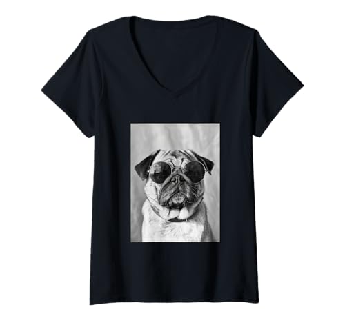 Damen Niedlicher Mops mit Sonnenbrille für Tierliebhaber, Fotokabine, Cooler Hund T-Shirt mit V-Ausschnitt Damen Niedlicher Mops mit Sonnenbrille für Tierliebhaber, Fotokabine, Cooler Hund T-Shirt mit V-Ausschnitt von Funny Animal Photography Clothing Co.