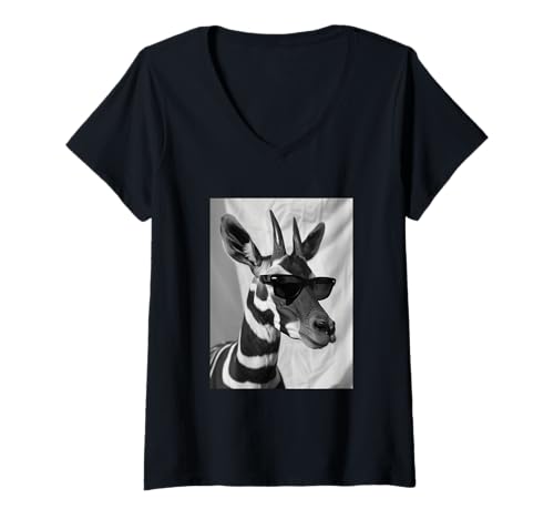 Damen Niedlicher Okapi mit Sonnenbrille Cool Tropical Animal Photo Booth T-Shirt mit V-Ausschnitt von Funny Animal Photography Clothing Co.