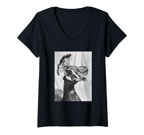 Damen Niedlicher Pfau mit Sonnenbrille Waldtier-Fotokabine Peafowl T-Shirt mit V-Ausschnitt von Funny Animal Photography Clothing Co.