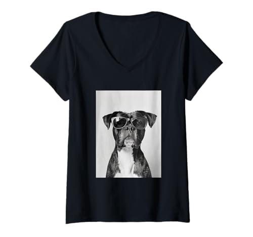 Damen Niedlicher Pit Bull mit Sonnenbrille Cool Dog Lover Photo Booth T-Shirt mit V-Ausschnitt von Funny Animal Photography Clothing Co.