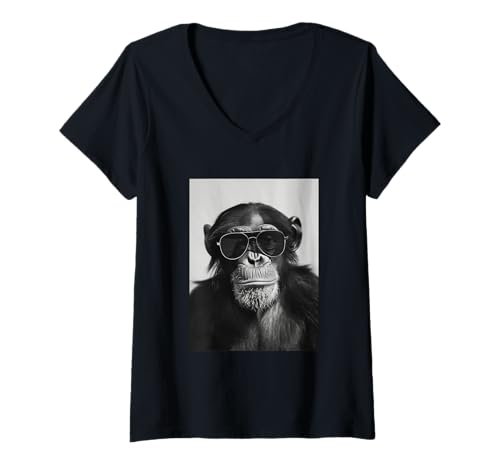 Damen Niedlicher Schimpanse mit Sonnenbrille Dschungeltier Fotokabine T-Shirt mit V-Ausschnitt von Funny Animal Photography Clothing Co.