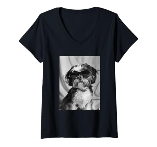 Damen Niedlicher Shih Tzu mit Sonnenbrille Cool Dog Lover Photo Booth T-Shirt mit V-Ausschnitt von Funny Animal Photography Clothing Co.