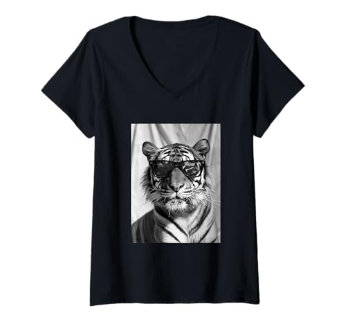 Damen Niedlicher Tiger mit Sonnenbrille Dschungeltier-Fotokabine T-Shirt mit V-Ausschnitt Damen Niedlicher Tiger mit Sonnenbrille Dschungeltier-Fotokabine T-Shirt mit V-Ausschnitt von Funny Animal Photography Clothing Co.