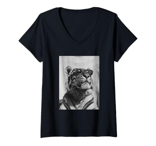 Damen Niedlicher Tiger mit Sonnenbrille, Elegante Katze, Tierfotografie T-Shirt mit V-Ausschnitt Damen Niedlicher Tiger mit Sonnenbrille, Elegante Katze, Tierfotografie T-Shirt mit V-Ausschnitt von Funny Animal Photography Clothing Co.