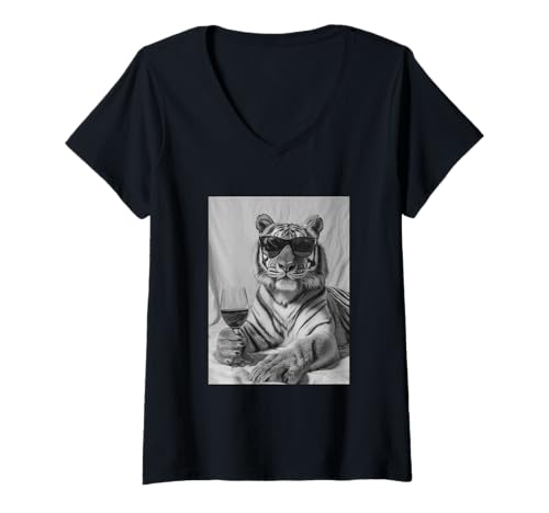 Damen Niedlicher Tiger mit Sonnenbrille, stilvolle Katze, Tier, Weinliebhaber T-Shirt mit V-Ausschnitt von Funny Animal Photography Clothing Co.
