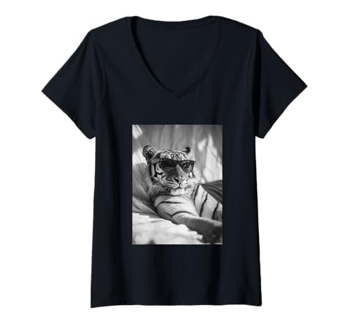 Damen Niedlicher Tiger mit Sonnenbrille, stilvolle Tierfotografie T-Shirt mit V-Ausschnitt von Funny Animal Photography Clothing Co.