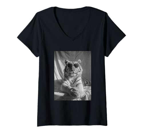 Damen Niedlicher Tiger mit Sonnenbrille, stilvolle Tierfotografie T-Shirt mit V-Ausschnitt Damen Niedlicher Tiger mit Sonnenbrille, stilvolle Tierfotografie T-Shirt mit V-Ausschnitt von Funny Animal Photography Clothing Co.