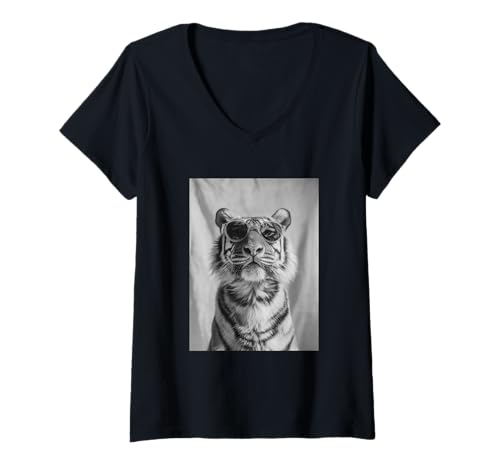 Damen Niedlicher Tiger mit Sonnenbrille, stilvolle Tierfotografie T-Shirt mit V-Ausschnitt Damen Niedlicher Tiger mit Sonnenbrille, stilvolle Tierfotografie T-Shirt mit V-Ausschnitt von Funny Animal Photography Clothing Co.
