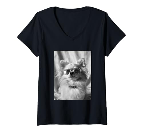Damen Niedlicher Zwergspitz, mit Sonnenbrille, Cooler Fotokabine, für Hundeliebhaber T-Shirt mit V-Ausschnitt von Funny Animal Photography Clothing Co.